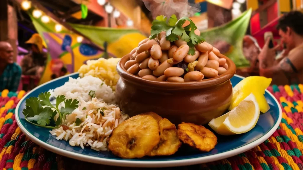Prato de comida caipira com feijão em panela de barro, arroz, farofa, banana frita e limão, servido em ambiente colorido de festa junina.